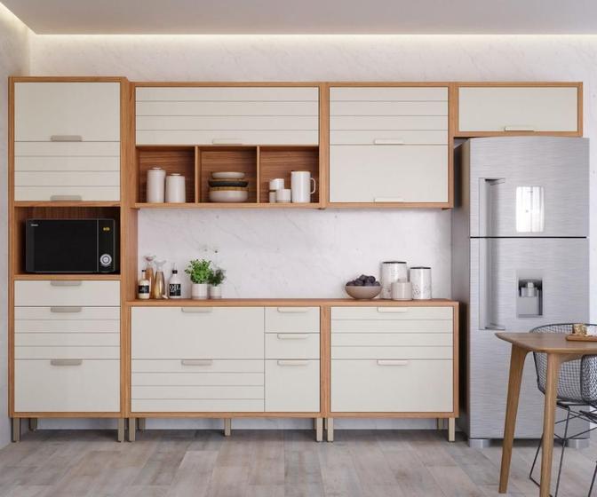 Imagem de Cozinha Compacta 6 Pçs 3 Aéreos 2 Balcões 1 Torre Quente 1 Nicho Eloise Mgm Freijó/Off White