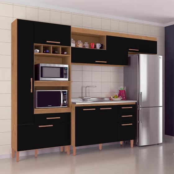 Imagem de Cozinha Compacta Com Balcão Em Tampo 7 Portas 4 Gavetas Nápoles Atualle- Canelado Rústico e Preto Fosco