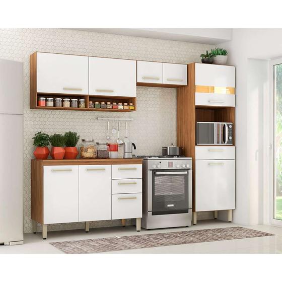 Imagem de Cozinha Compacta Completa 9 Portas 3 Gavetas Dama Nicho Microondas com Balcão com Tampo Amendola/Branco Demobile