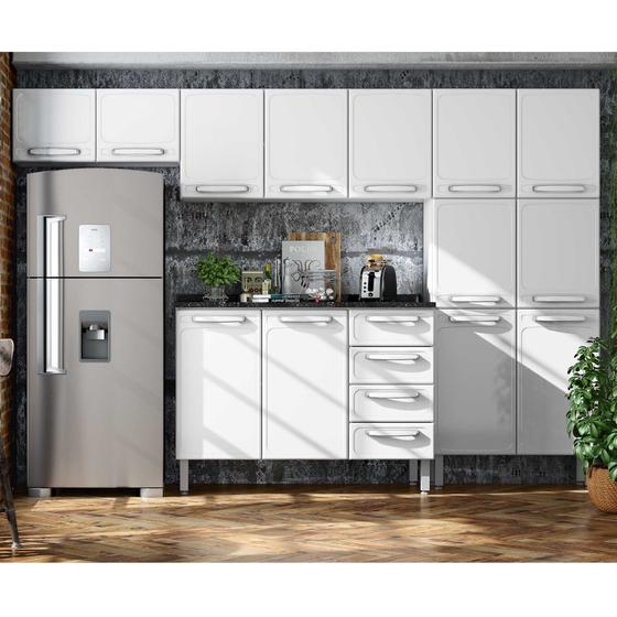 Imagem de Cozinha Compacta de Aço com Balcão 2 portas,Paneleiro e 2 Armários Aéreos Evidence Bertolini Branco  