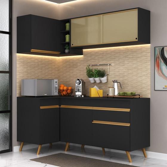 Cozinha Compacta de Canto Veneza GB Multimóveis MP2056 com Armário e Balcão Preta Menor preço em Cozinha Compacta de Canto Veneza GB Multimóveis MP2056 com Armário e Balcão Preta