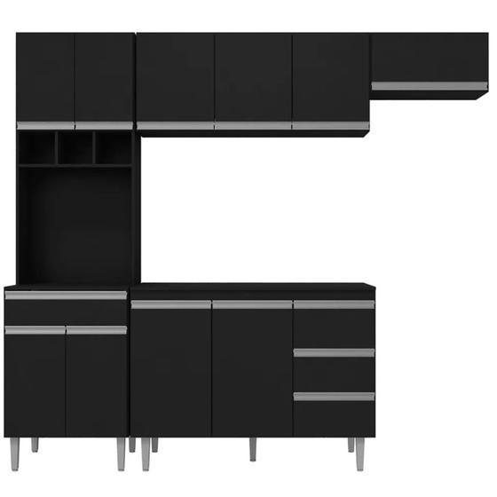Cozinha Compacta Lena com Balcão 2 Portas C/ Tampo + Armário Aéreo Geladeira Preto - Bela Móveis - AJL Imagem de Cozinha Compacta Lena com Balcão 2 Portas C/ Tampo + Armário Aéreo Geladeira Preto - Bela Móveis