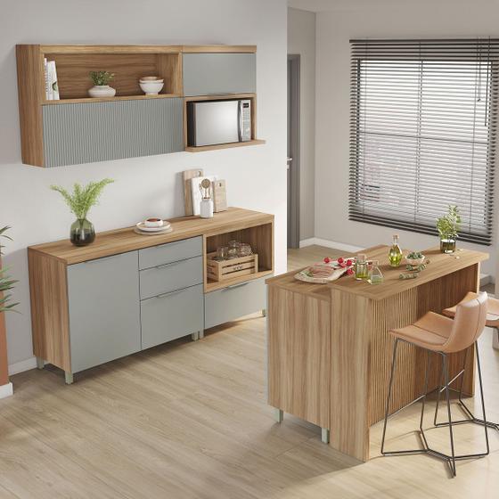 Imagem de Cozinha Compacta Marquesa 4 Portas 7 Gavetas com Ilha Ripado 100% Mdf Nature/Verde - Nesher