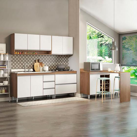 Imagem de Cozinha Compacta Modulada com Bancada Ilha Sabrina 200x202 Cm 5 Peças MDP Branco MENU