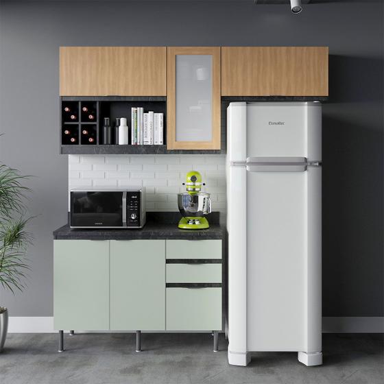 Imagem de Cozinha Compacta Orquídea 5 Portas 3 Gavetas com Vidro Mármore Lunar/Verde Mar/Freijó - Tecno Mobili