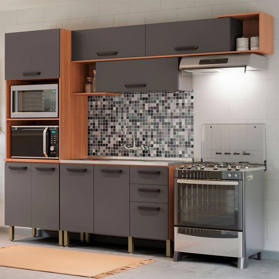 Cozinha Compacta Pimenta 9 Portas 2 Gavetas Freijó/Grafite 913404 - Telasul Menor preço em Cozinha Compacta Pimenta 9 Portas 2 Gavetas Freijó/Grafite 913404 - Telasul