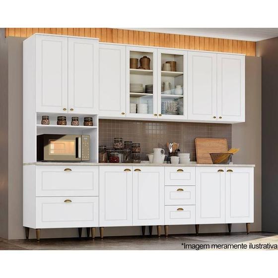 Imagem de Cozinha Completa Americana com Pés 7 Peças (2 Armários + 1 Paneleiro + 2 Balcões + 2 Complementos) C5P52 Branco - Henn