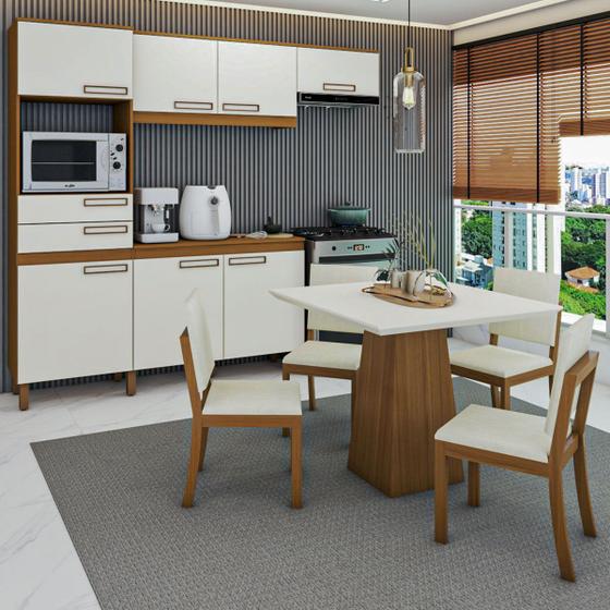 Imagem de Cozinha Completa com Mesa e 4 Cadeiras Paulista 7 Portas 2 Gavetas Nature/Off White/Linho - Panorama Móveis