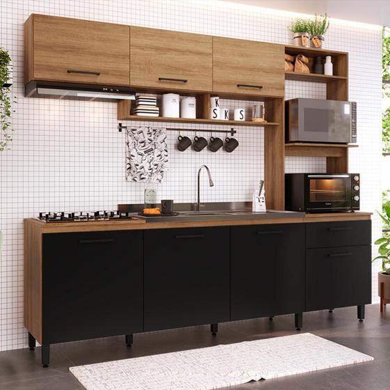 Cozinha Completa Compacta Antonela 245 Cm Balcão Pia Armário Forno/Micro MDP Mel Preto - ClickLar Menor preço em Cozinha Completa Compacta Antonela 245 Cm Balcão Pia Armário Forno/Micro MDP Mel Preto - ClickLar