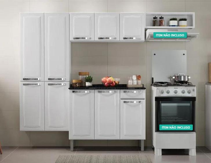 Cozinha completa em Aço com Paneleiro Duplo, Armário Aéreo, Balcão 3 Portas e Nicho Rose Itatiaia Branco Imagem de Cozinha completa em Aço com Paneleiro Duplo, Armário Aéreo, Balcão 3 Portas e Nicho Rose Itatiaia Branco