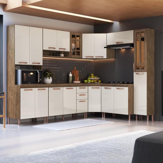 Cozinha completa sophie viena modulada 6 peças 295 cm 15 portas 3 gavetas  com tampo branco