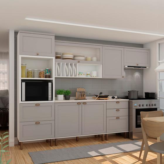 Cozinha Completa Iluminata 7 Portas 4 Gavetas Branco/Fendi/Mineral - Genialflex Menor preço em Cozinha Completa Iluminata 7 Portas 4 Gavetas Branco/Fendi/Mineral - Genialflex