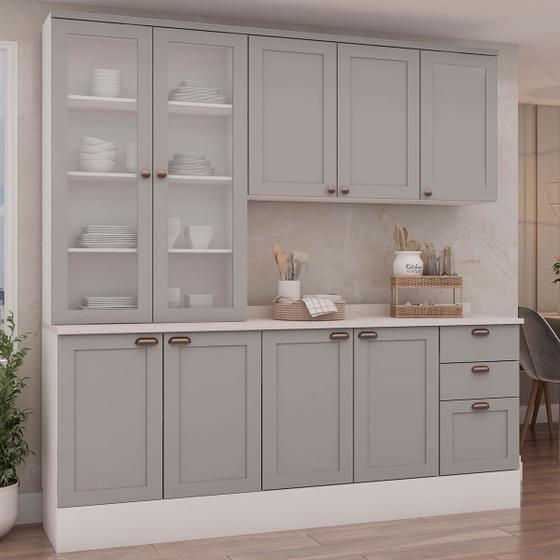 Imagem de Cozinha Completa Iluminata 9 Portas 3 Gavetas 100% Mdf com Vidro Branco/Fendi - Genialflex