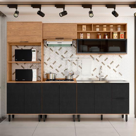 Imagem de Cozinha Completa Laura 9 Portas 3 Gavetas com Vidro 100% Mdf Freijo/Nero - Mx Móveis