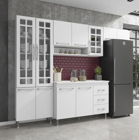 Imagem de Cozinha completa predilleta clara modulada 4 peças 260 cm 11 portas 3 gavetas com tampo branco