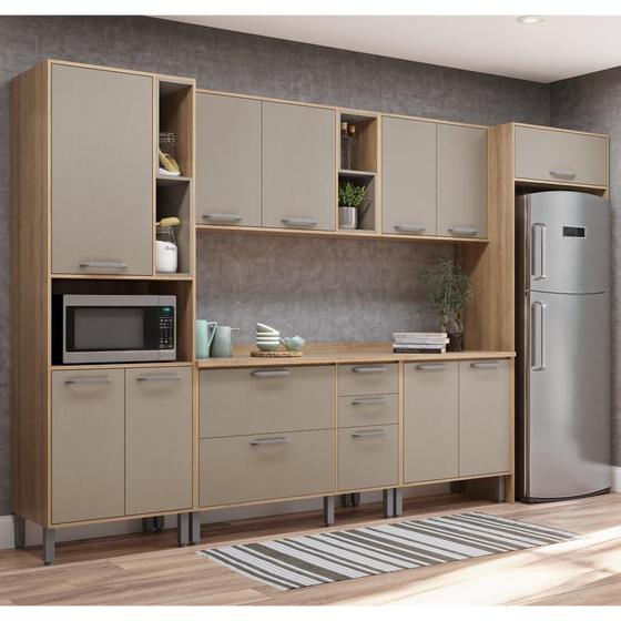 Cozinha Completa Thela Amêndoa 6 Pçs Armário p/ Geladeira Mel/Fumê Menor preço em Cozinha Completa Thela Amêndoa 6 Pçs Armário p/ Geladeira Mel/Fumê