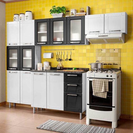 Imagem de Cozinha de Aço Compacta 2 Peças Vidro, Armário Aéreo e Balcão 2 Gavetas Multipla Bertolini Branco/Preto 