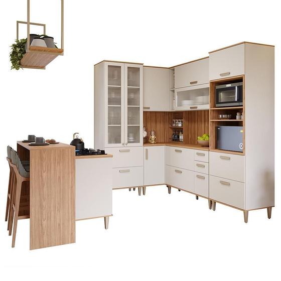 Imagem de Cozinha de Canto Modulada Bella 12 Peças com Ilha Gourmet e Prateleira Suspensa - MGM