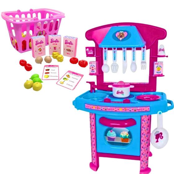Imagem de Cozinha E Cestinha Da Barbie Com Acessórios Rosa Infantil De Brinquedo Menina Completa Cotiplás