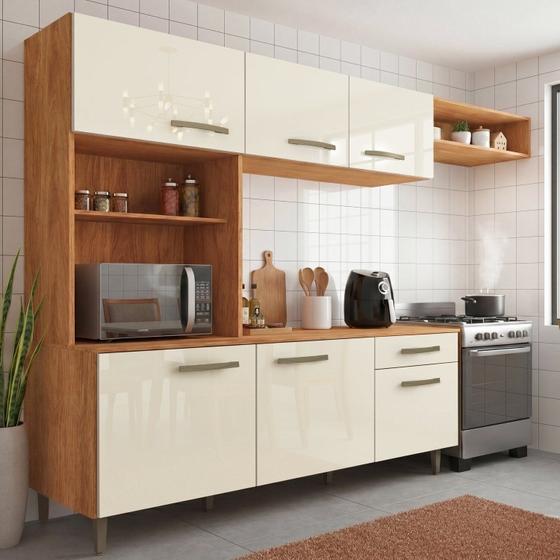 Cozinha Emilly 6 Portas 4 Gavetas c/Nichos Yescasa Bege/Cinamomo/Off White