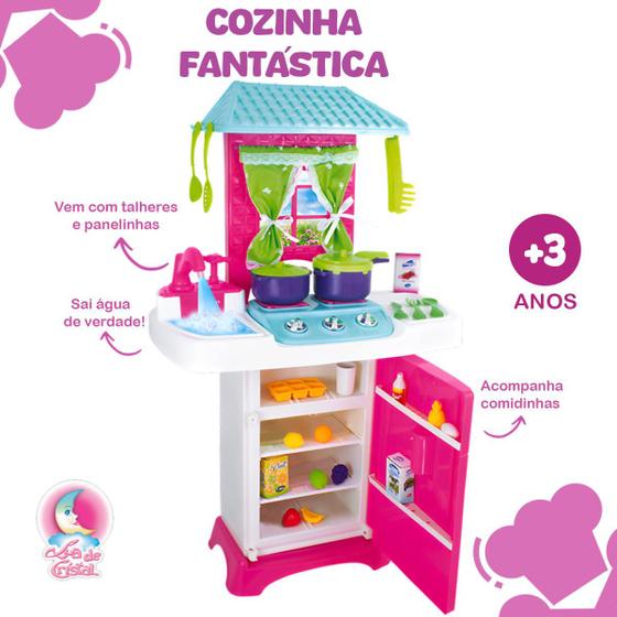 Imagem de Cozinha Fantástica Infantil Completa Geladeira Fogão Pia Que Sai Água Verdade com Acessórios 