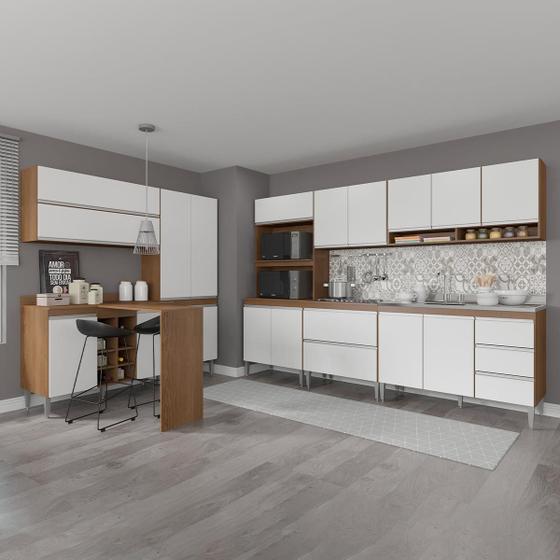 Imagem de Cozinha Grande Completa Modulada com Bancada Gourmet Sabrina 200/280x202 Cm 9 Peças MDP Branco MENU