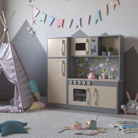 Cozinha infantil cinza com refrigerador Diana em MDF- GKMOVEIS Menor preço em Cozinha infantil cinza com refrigerador Diana em MDF- GKMOVEIS