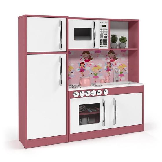 Imagem de Cozinha Infantil com refrigerador MDF Diana Rosa/Branco - Ofertamo
