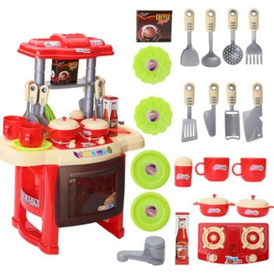 Imagem de Cozinha infantil grande completa som luz torneira com agua mini mercado panelas talheres profissional