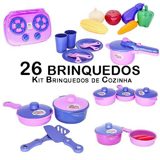 Imagem de Cozinha Infantil Jogo Panela Fogão Legumes Prato Copo 26pç