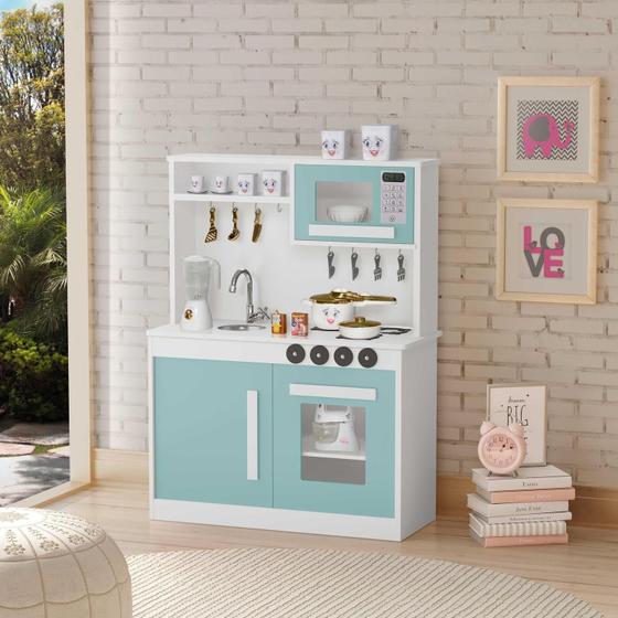 Imagem de Cozinha Infantil Perfeita Compacta Em MDF Com Pia Fogão  E Microondas  Cor Menta