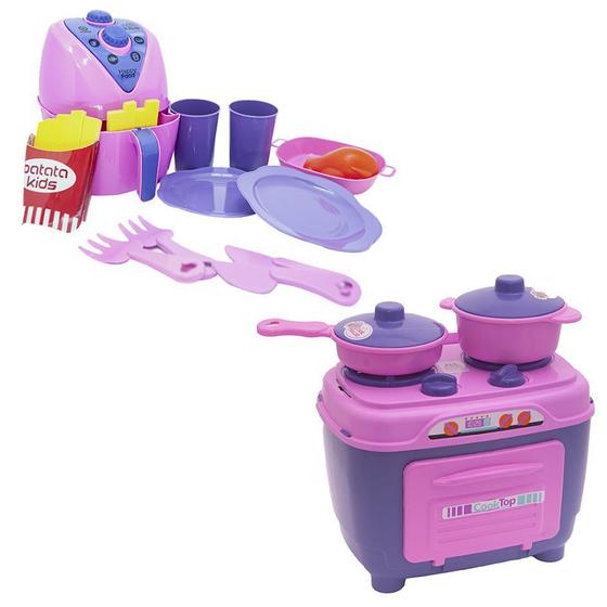 Imagem de Cozinha Infantil Rosa Brinquedo Fogão Air Fryer Jantar 17pç