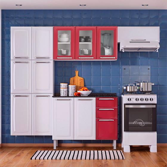 Imagem de Cozinha Itatiaia Luce Compacta 4 Pecas 3 Vidros Branco/Vermelho Paneleiro Armario Aereo Gabinete