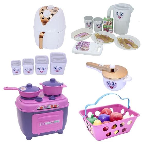 Imagem de Cozinha Menina Brinquedo Fogão Mercado Pote Jantar Kit 34Pç