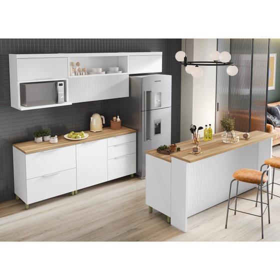 Imagem de Cozinha Modulada 8 Peças com 3 Armários Aéreos 4 Balcões 1 Painel de Ilha Ripado Nesher 100% MDF Marquesa Gourmet