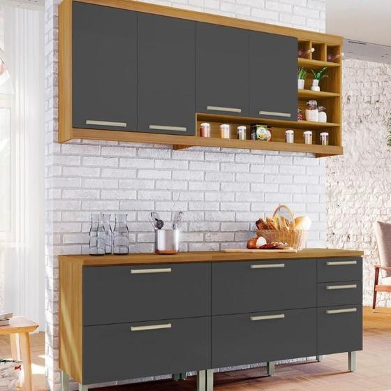 Cozinha Modulada Burguesa MDF Com 4 Peças Marrom Freijó Cinza Menor preço em Cozinha Modulada Burguesa MDF Com 4 Peças Marrom Freijó Cinza