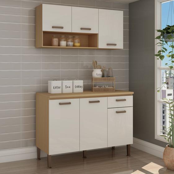 Imagem de Cozinha modulada com Balcão 120cm com tampo e Aereo 120cm CB0086 Linha Essência Genialflex