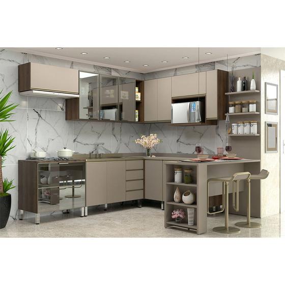 Imagem de Cozinha Modulada Compacta com Tampo 13 PeAas Nogueira Dourado com Connect Jade Luciane MA³veis