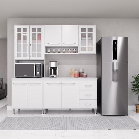 Imagem de Cozinha Modulada Compacta Fidelitá Viena 3 Peças 190cm 9 Portas 3 Gavetas Com Tampo Branco