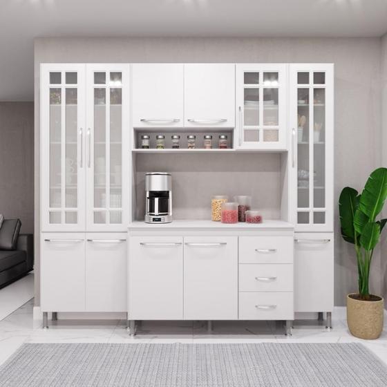 Imagem de Cozinha Modulada Compacta Fidelitá Viena 4 Peças 225cm 11 Portas 3 Gavetas Com Tampo Branco