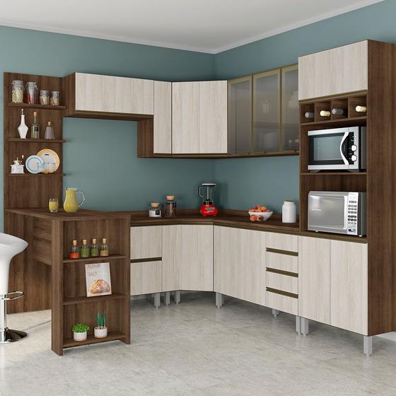 Imagem de Cozinha Modulada Completa 11 Peças Nogueira Dourado com Legno Vidro Reflecta Jade Luciane Móveis