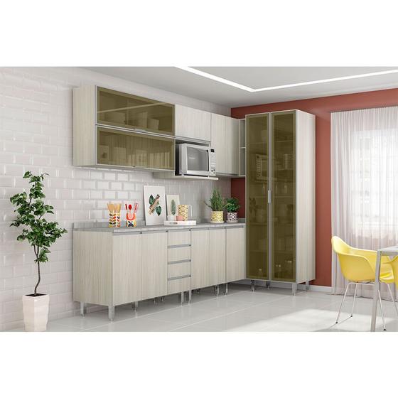 Imagem de Cozinha Modulada Completa com Tampo 8 Peças Legno Crema com Vidro Reflecta Lis Luciane Móveis