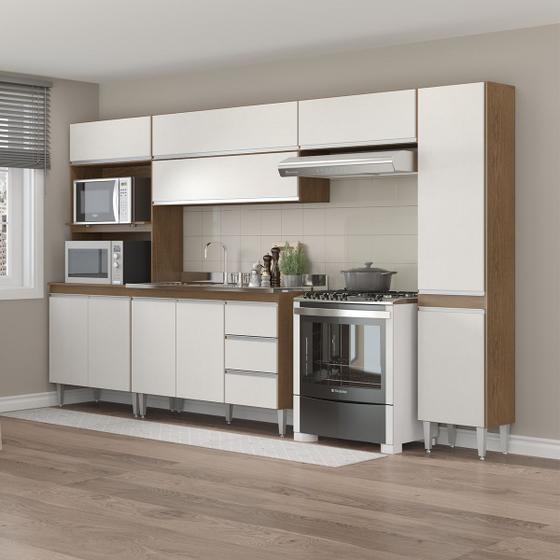 Imagem de Cozinha Modulada Completa com Torre Quente Paneleiro Sabrina 320x202cm 6 Peças Branco Avelã MENU