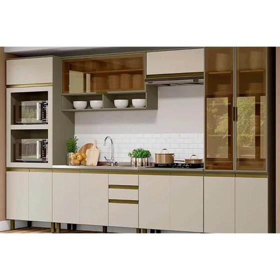 Imagem de Cozinha Modulada Completa Connect c/ 7 Peças (Torre Quente + Paneleiro + 2 Aéreos + 2 Gabinetes c/ 1 Tampo p/ Cooktop) CZ263 Duna/Cristal - Henn