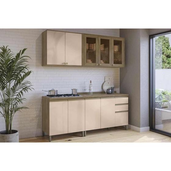 Imagem de Cozinha Modulada Completa Curve 6 Peças (2Aéreos+2Balcões+2Complementos) C10P15 Nogueira/Macadamia - Kappesberg
