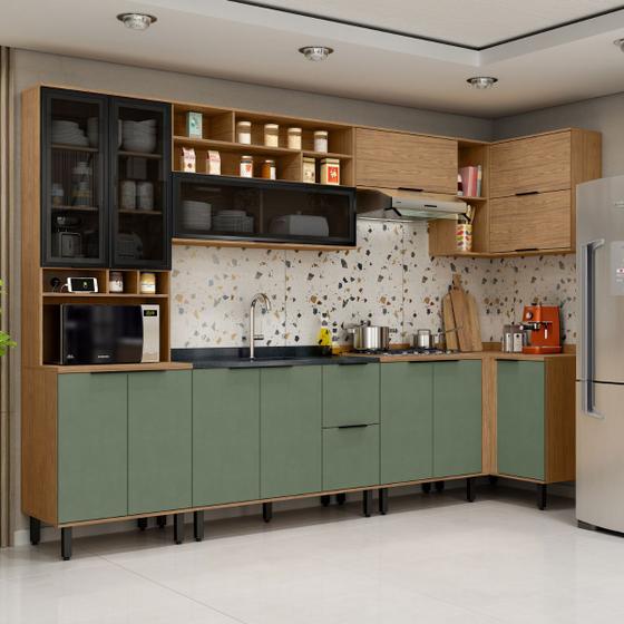 Imagem de Cozinha Modulada Completa de Canto MDF 7 Peças Lombardia com Portas de Vidro - cor Freijó Jade