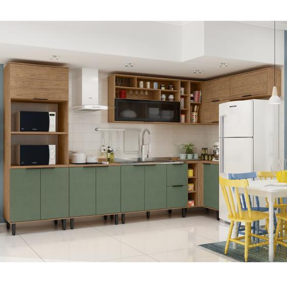 Imagem de Cozinha Modulada Completa de Canto MDF 9 Peças Lombardia com Porta de Vidro - cor Freijó Jade