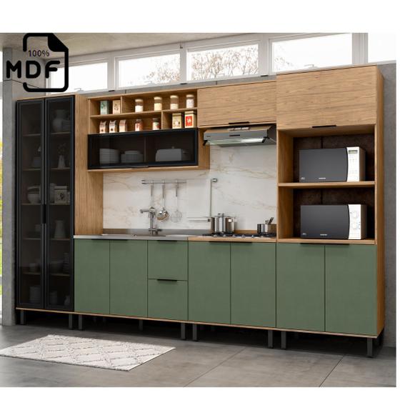Imagem de Cozinha Modulada Completa em MDF 6 Peças Lombardia com Portas de Vidro 350cm - cor Freijó Jade