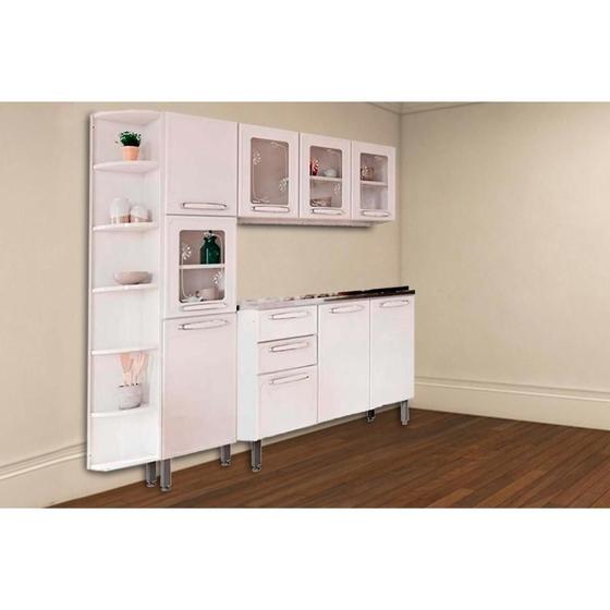 Imagem de Cozinha Modulada Completa Evidence 4 Peças (1 Armário + 1 Balcão + 1 Paneleiro + 1 Complemento) C4P44 Branco - Bertolini
