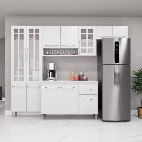 Imagem de Cozinha Modulada Completa Fidelitá Viena 4 Peças 260 Cm 11 Portas 3 Gavetas Com Tampo Branco